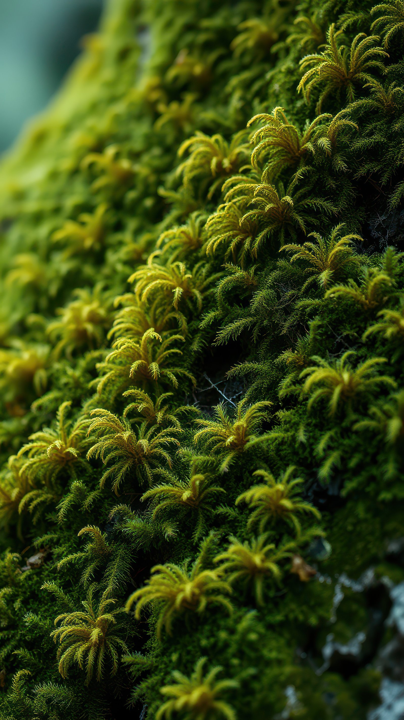 Lush green moss thrives on a rock face during a spring afternoon